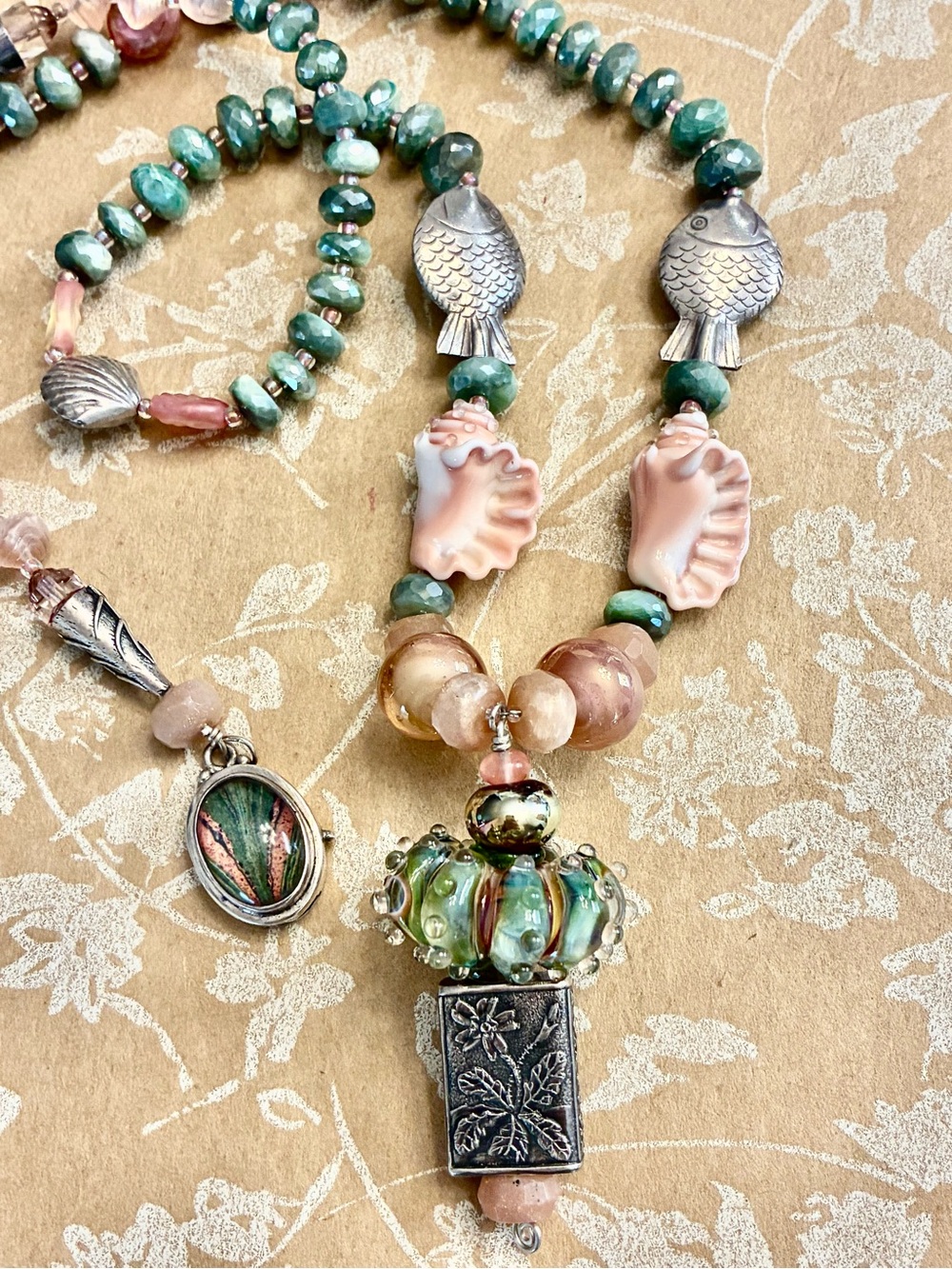 SALE Pink and Green Gemstone Necklace with Sterling Silver Anne Choi bead